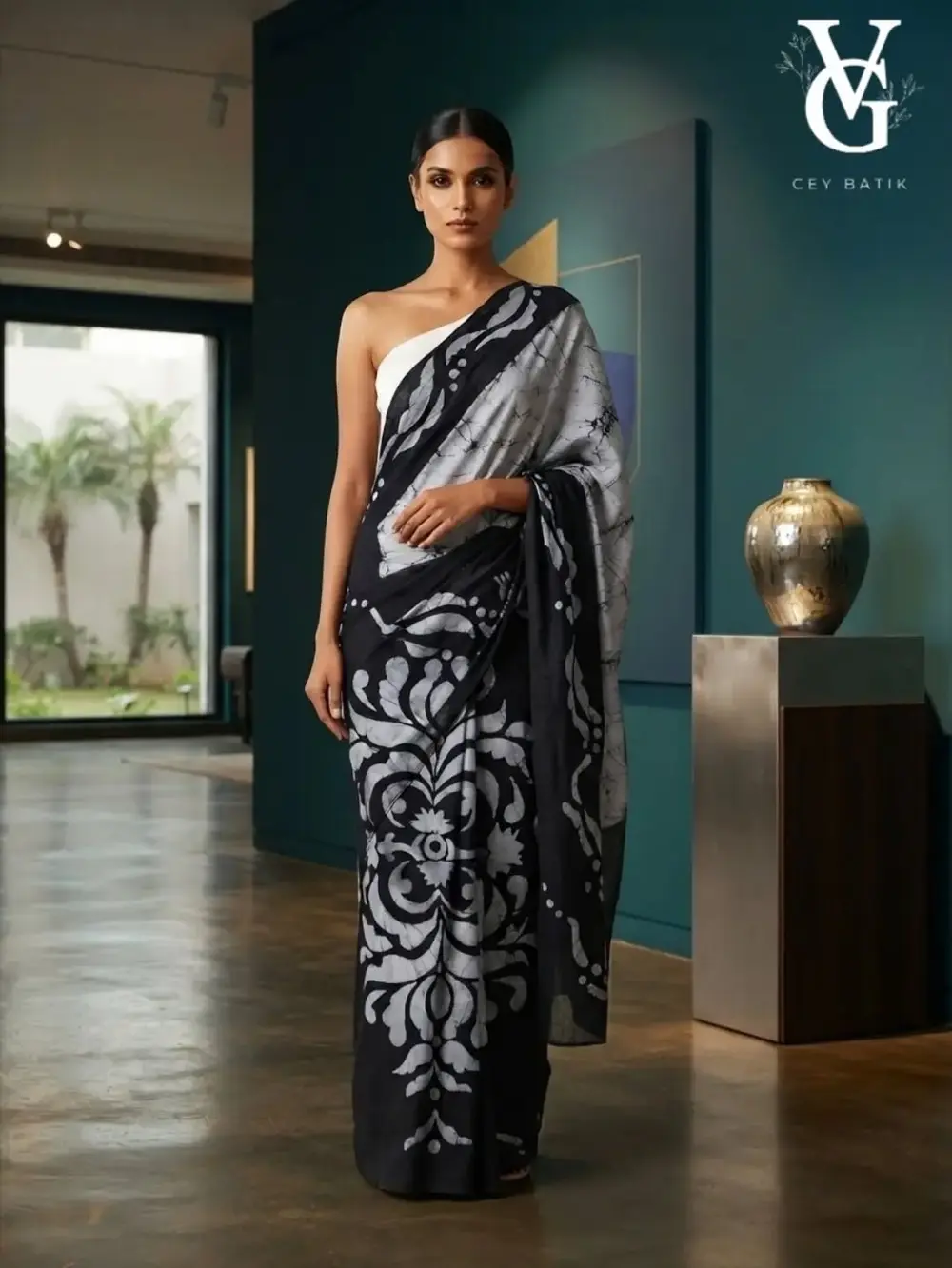 Black and silver floral batik saree